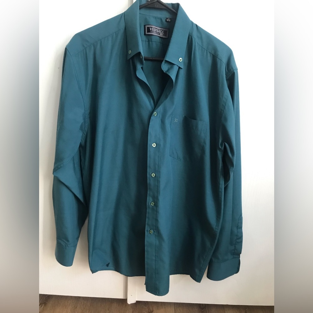 Versace Classic V2 Teal Blue Mens Button Down Dress Shirt Size 17 34-35 …